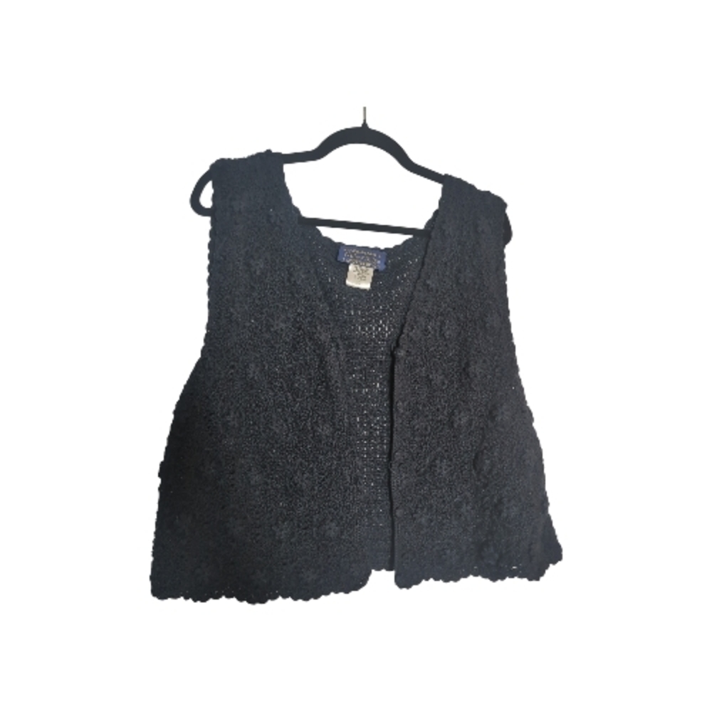 Vintage Cotton Black Crochet Vest Large Whimsigoth Dark Academia Cottagecore